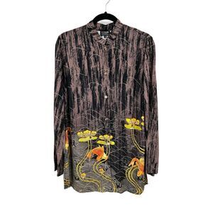CITRON Women's Brown Orange Yellow Coy Fish Oversized Button Down Shirt Size 2X